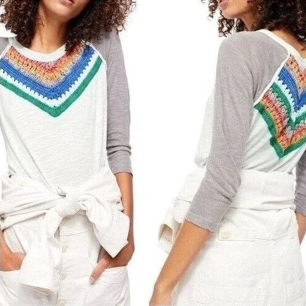 Free People Spring Bound Crochet Detail Top Blue Combo Size L